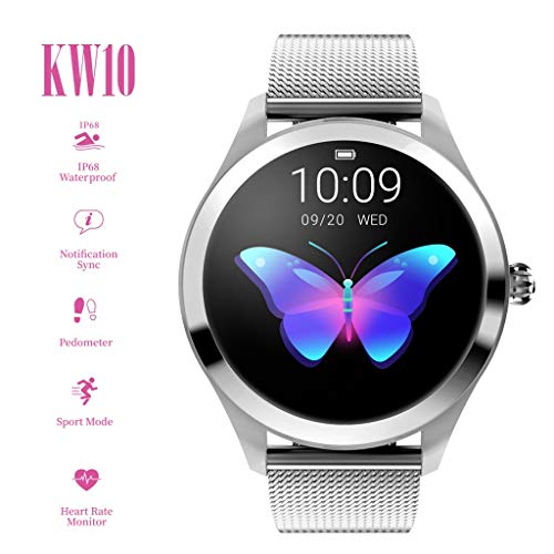 Cueyu Reloj inteligente KW10, pantalla táctil redonda IP68 impermeable para mujer, monitor de fitness con medidor de frecuencia cardíaca y podómetro de sueño, pulsera para iOS y Android