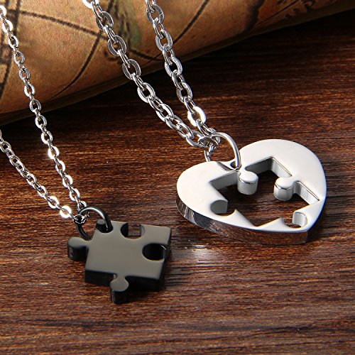 Cupimatch Collar Mujer Corazón Rompecabezas Juego de 2 Pcs Acero Inoxidable Regalo Parejas Amor Buena Suerte Plateado Collares de Mejores Amigas (Negro)