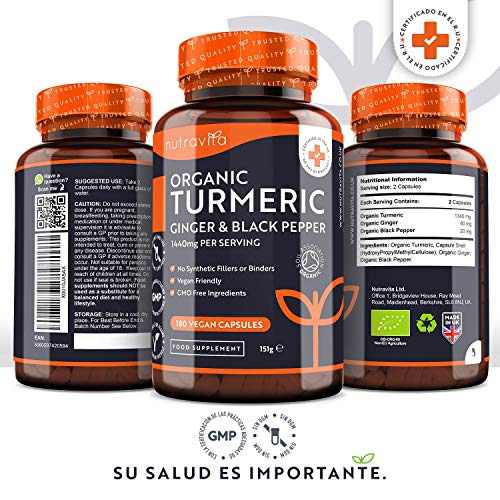 Cúrcuma Orgánica de 1440 mg con Pimienta Negra y Jengibre -180 Cápsulas Veganas de Alta Resistencia (Suministro para 3 Meses) - Fabricado en el Reino Unido por Nutravita