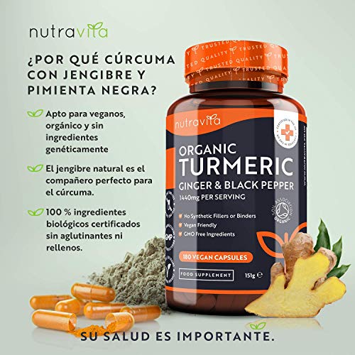 Cúrcuma Orgánica de 1440 mg con Pimienta Negra y Jengibre -180 Cápsulas Veganas de Alta Resistencia (Suministro para 3 Meses) - Fabricado en el Reino Unido por Nutravita