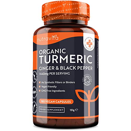 Cúrcuma Orgánica de 1440 mg con Pimienta Negra y Jengibre -180 Cápsulas Veganas de Alta Resistencia (Suministro para 3 Meses) - Fabricado en el Reino Unido por Nutravita Cúrcuma Orgánica de 1440 mg con Pimienta Negra y Jengibre -180 Cápsulas Veganas de Alta Resistencia (Suministro para 3 Meses) - Fabricado en el Reino Unido por Nutravita