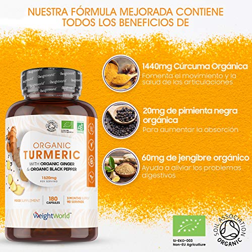 Cúrcuma Orgánica de 1520 mg con Jengibre y Pimienta Negra 180 Cápsulas Veganas - Cúrcuma en Cápsulas Natural Alta Resistencia y Absorción Para Articulaciones y Músculos, Con Curcumina y Piperina