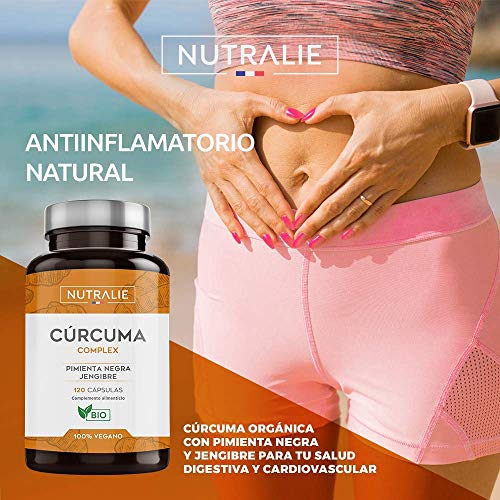 Cúrcuma orgánica Turmeric (650mg) con Jengibre(50mg) y Pimienta Negra(10mg) | 120 cápsulas vegetales | Máxima calidad | Potente antiinflamatorio y antioxidante natural | Cúrcuma complex | Nutralie