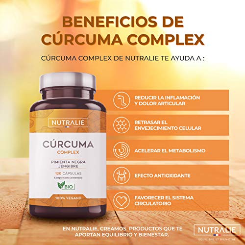 Cúrcuma orgánica Turmeric (650mg) con Jengibre(50mg) y Pimienta Negra(10mg) | 120 cápsulas vegetales | Máxima calidad | Potente antiinflamatorio y antioxidante natural | Cúrcuma complex | Nutralie Cúrcuma orgánica Turmeric (650mg) con Jengibre(50mg) y Pimienta Negra(10mg) | 120 cápsulas vegetales | Máxima calidad | Potente antiinflamatorio y antioxidante natural | Cúrcuma complex | Nutralie