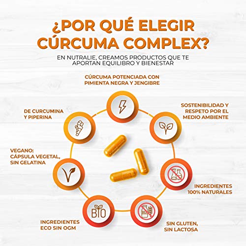Cúrcuma orgánica Turmeric (650mg) con Jengibre(50mg) y Pimienta Negra(10mg) | 120 cápsulas vegetales | Máxima calidad | Potente antiinflamatorio y antioxidante natural | Cúrcuma complex | Nutralie Cúrcuma orgánica Turmeric (650mg) con Jengibre(50mg) y Pimienta Negra(10mg) | 120 cápsulas vegetales | Máxima calidad | Potente antiinflamatorio y antioxidante natural | Cúrcuma complex | Nutralie