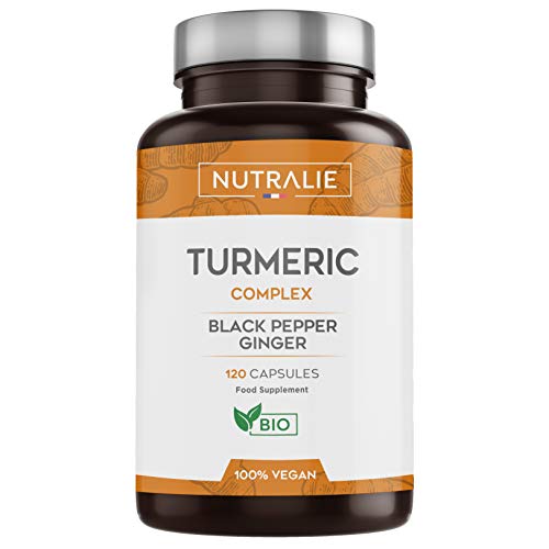 Cúrcuma orgánica Turmeric (650mg) con Jengibre(50mg) y Pimienta Negra(10mg) | 120 cápsulas vegetales | Máxima calidad | Potente antiinflamatorio y antioxidante natural | Cúrcuma complex | Nutralie Cúrcuma orgánica Turmeric (650mg) con Jengibre(50mg) y Pimienta Negra(10mg) | 120 cápsulas vegetales | Máxima calidad | Potente antiinflamatorio y antioxidante natural | Cúrcuma complex | Nutralie