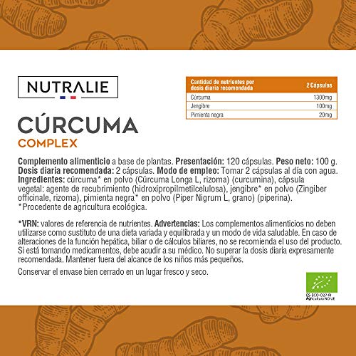Cúrcuma orgánica Turmeric (650mg) con Jengibre(50mg) y Pimienta Negra(10mg) | 120 cápsulas vegetales | Máxima calidad | Potente antiinflamatorio y antioxidante natural | Cúrcuma complex | Nutralie Cúrcuma orgánica Turmeric (650mg) con Jengibre(50mg) y Pimienta Negra(10mg) | 120 cápsulas vegetales | Máxima calidad | Potente antiinflamatorio y antioxidante natural | Cúrcuma complex | Nutralie