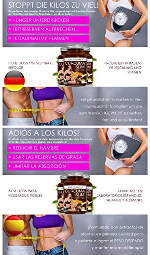 CURCUMA SLIM Termogénico & Adelgazante Potente para Perder Peso Rápidamente | Acción Quemagrasas con Curcuma, Garcinia Cambogia, L-Carnitina, CLA, Te Verde y Piperina | 100 cápsulas