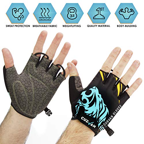 CURVAN - Guantes Gimnasio Hombre Ciclismo Bicicleta | Acolchados y Transpirables 45g | Guante Musculación Culturismo Ejercicio Levantamiento de Pesas Entrenamiento Fitness Crossfit Halterofilia (M)