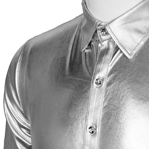 CUSFULL Camisa Hombre con Manga Corta Slim Fit para Fiesta/Discoteca/Baile de Disfraces/Máscara Camisa Casual Steampunk Cuello Italiano Botón Redondo Halloween Dorado/Plateado (S, Plateado)