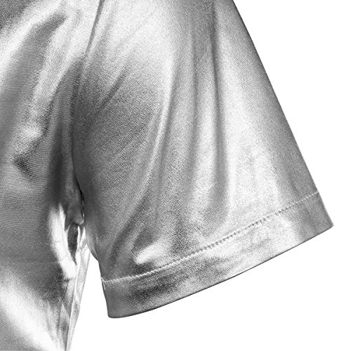 CUSFULL Camisa Hombre con Manga Corta Slim Fit para Fiesta/Discoteca/Baile de Disfraces/Máscara Camisa Casual Steampunk Cuello Italiano Botón Redondo Halloween Dorado/Plateado (S, Plateado)