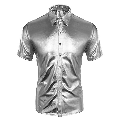 CUSFULL Camisa Hombre con Manga Corta Slim Fit para Fiesta/Discoteca/Baile de Disfraces/Máscara Camisa Casual Steampunk Cuello Italiano Botón Redondo Halloween Dorado/Plateado (S, Plateado)