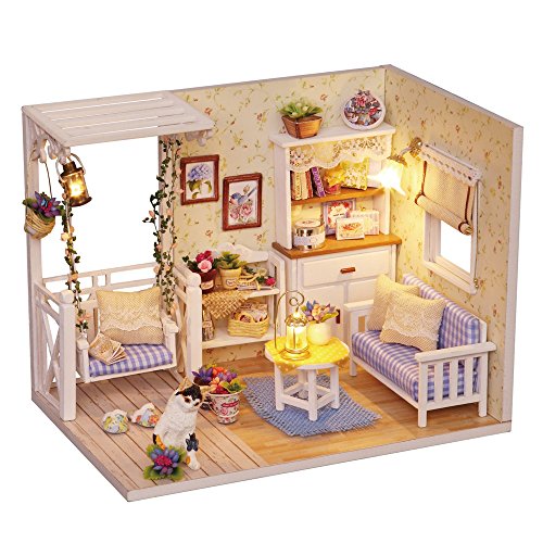 CUTEBEE Miniatura de la casa de muñecas con Muebles, Equipo de casa de muñecas de Madera DIY, más Resistente al Polvo y el Movimiento de música