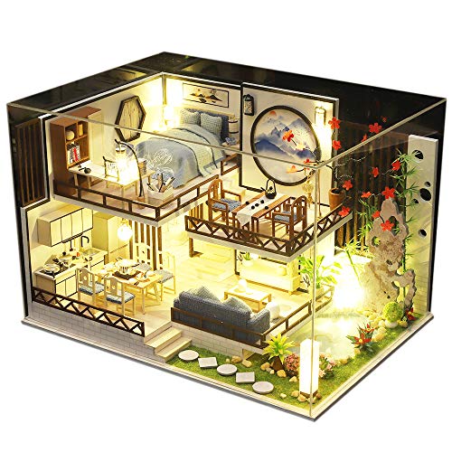 CUTEBEE Miniatura de la casa de muñecas con Muebles, Equipo de casa de muñecas de Madera DIY, más Resistente al Polvo y el Movimiento de música