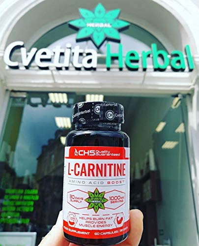 Cvetita Herbal, L-Carnitine 60 capsulas x 500mg, altamente dosificado del aminoácido puro, potenciar la energía, mejorar el rendimiento atlético y aumentar la cognición