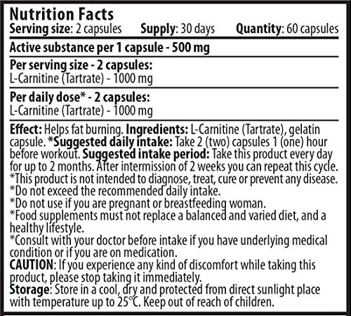 Cvetita Herbal, L-Carnitine 60 capsulas x 500mg, altamente dosificado del aminoácido puro, potenciar la energía, mejorar el rendimiento atlético y aumentar la cognición