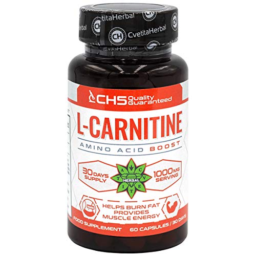 Cvetita Herbal, L-Carnitine 60 capsulas x 500mg, altamente dosificado del aminoácido puro, potenciar la energía, mejorar el rendimiento atlético y aumentar la cognición