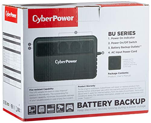 CyberPower BU650E USV 650VA/360W Línea interactiva, Compacto Negro Sistema de Alimentación Ininterrumpida (UPS) - Fuente de Alimentación Continua (UPS) (Línea interactiva, Tipo F (Schuko), Compacto, Sealed Lead Acid (VRLA), 0 - 40 °C, 45/65)