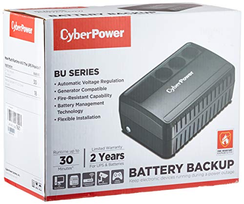 CyberPower BU650E USV 650VA/360W Línea interactiva, Compacto Negro Sistema de Alimentación Ininterrumpida (UPS) - Fuente de Alimentación Continua (UPS) (Línea interactiva, Tipo F (Schuko), Compacto, Sealed Lead Acid (VRLA), 0 - 40 °C, 45/65)