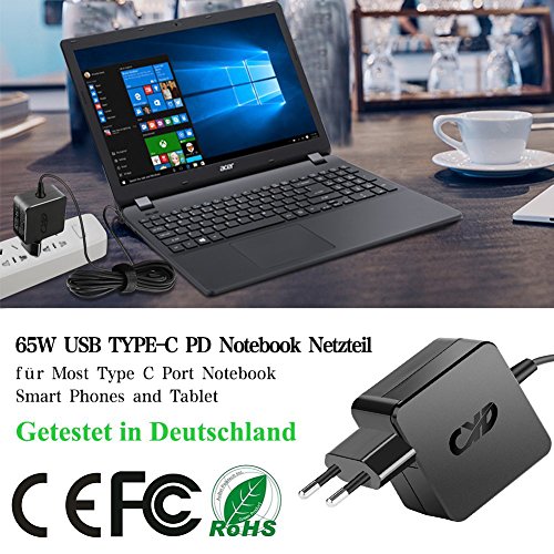 CYD 65W USB TYPE-C PD Cargador Ordenador Portatil para HP Hstnn-173c Lenovo yoga 5 920 ThinkPad-S2 ThinkPad X1 Carbon 2017 Xiaomi Air 12 13 MI Pad 2 Huawei MateBook X Pro Macbook A1534 alimentacion