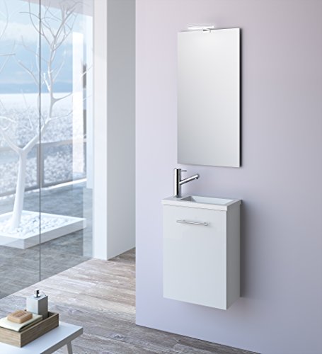 Cygnus Bath Mini Mueble lavamanos de baño, suspendido, con 1 Puerta de Cierre amortiguado, Madera, Brillo Lacado-Blanco, 40x22x54 cm