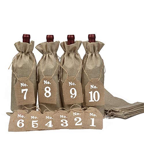 CZSM 10 PCS Arpillera Bolsas de Vino con cordón, 15 x 35 cm Reutilizables Botella de Regalo Bolsas con 10 Número de Etiquetas Fiesta de la Boda
