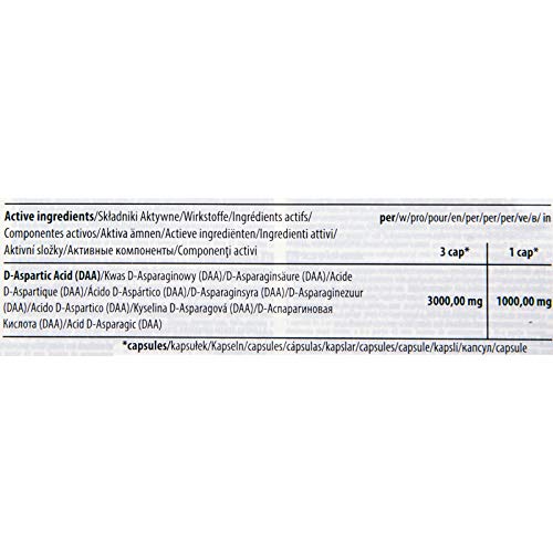 DAA 120 cápsulas | Ácido D-aspártico | Potenciador de testosterona | Apoyo hormonal | Anabólico | Potenciador de la libido | Crecimiento de masa muscular magra