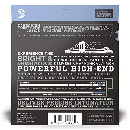 d'Addario EPS170-5 Juego de cuerdas para bajo eléctrico de acero, 0.045, 0.130, Transparente