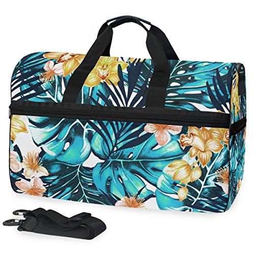 Dallonan Bolsa de Viaje de Gran Capacidad, Tropical con Flores de orquídea y Hojas de Palma, Bolsa de Lona para Gimnasio, Zapatos, Compartimento, Bolsa Deportiva