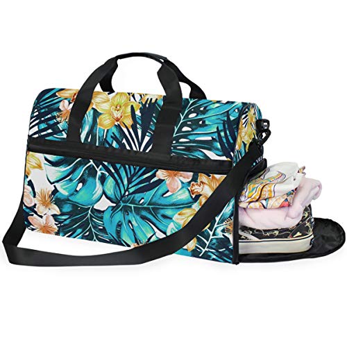 Dallonan Bolsa de Viaje de Gran Capacidad, Tropical con Flores de orquídea y Hojas de Palma, Bolsa de Lona para Gimnasio, Zapatos, Compartimento, Bolsa Deportiva