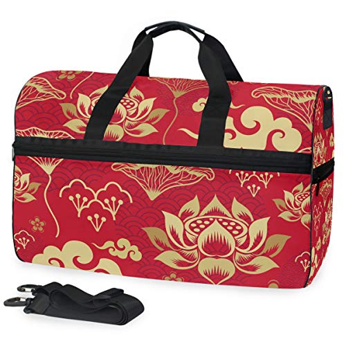 Dallonan Bolsa de Viaje para la Noche de Negocios, Estilo Chino, Bolsa de Lona con diseño de Flor de Loto, para Gimnasio, Zapatero, Bolsa Deportiva