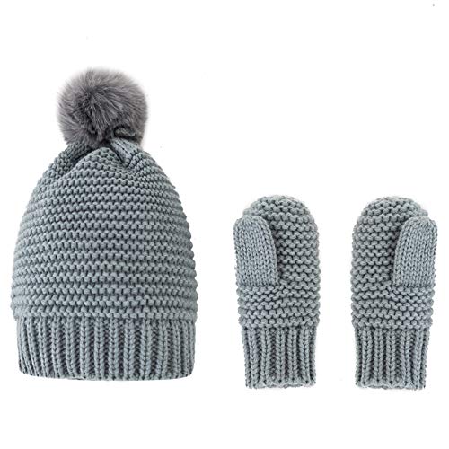 DaMohony Conjunto de Manoplas para Gorro de Bebé para Niños Pequeños Gorro de Punto Cálido de Invierno con Pompón para Niños Y Niñas