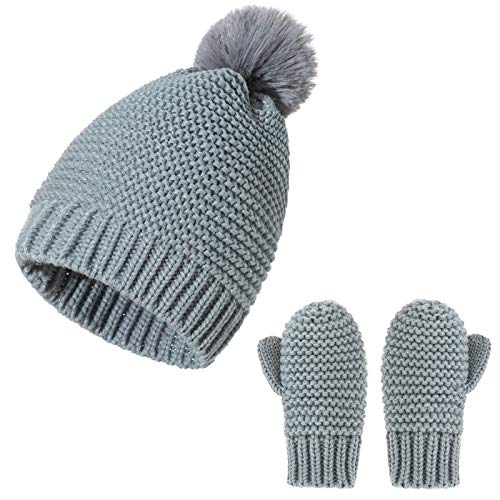 DaMohony Conjunto de Manoplas para Gorro de Bebé para Niños Pequeños Gorro de Punto Cálido de Invierno con Pompón para Niños Y Niñas