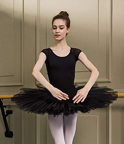 DANCEYOU Profesional Falda Tutu de Ballet para Mujer 7 Capas Short Falda de Tul Accesorios de Vestimenta de Baile Vestirse Disfraces Danza con Calzoncillos, Negro S