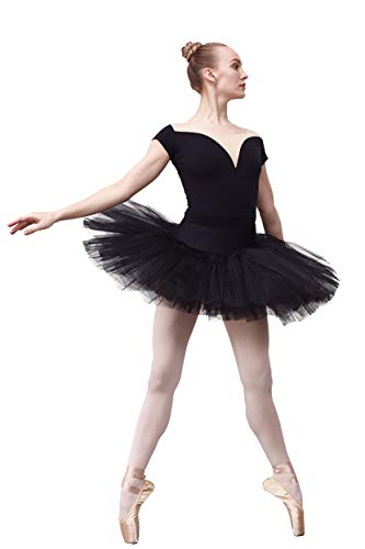 DANCEYOU Profesional Falda Tutu de Ballet para Mujer 7 Capas Short Falda de Tul Accesorios de Vestimenta de Baile Vestirse Disfraces Danza con Calzoncillos, Negro S