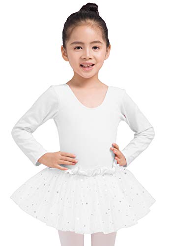 Dancina - Vestido Tutú Maillot de Ballet y Danza Clásico con Purpurina de Manga Larga para Niñas Blanco 8-9 años