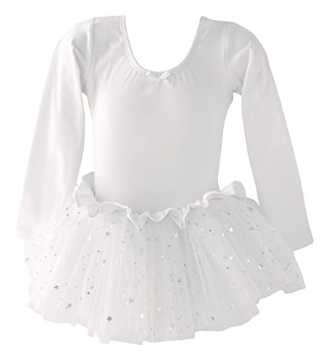 Dancina - Vestido Tutú Maillot de Ballet y Danza Clásico con Purpurina de Manga Larga para Niñas Blanco 8-9 años