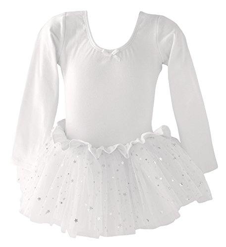 Dancina - Vestido Tutú Maillot de Ballet y Danza Clásico con Purpurina de Manga Larga para Niñas Blanco 8-9 años Dancina - Vestido Tutú Maillot de Ballet y Danza Clásico con Purpurina de Manga Larga para Niñas Blanco 8-9 años