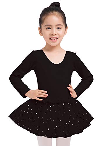 Dancina - Vestido Tutú Maillot de Ballet y Danza Clásico con Purpurina de Manga Larga para Niñas Negro 8-9 años Dancina - Vestido Tutú Maillot de Ballet y Danza Clásico con Purpurina de Manga Larga para Niñas Negro 8-9 años
