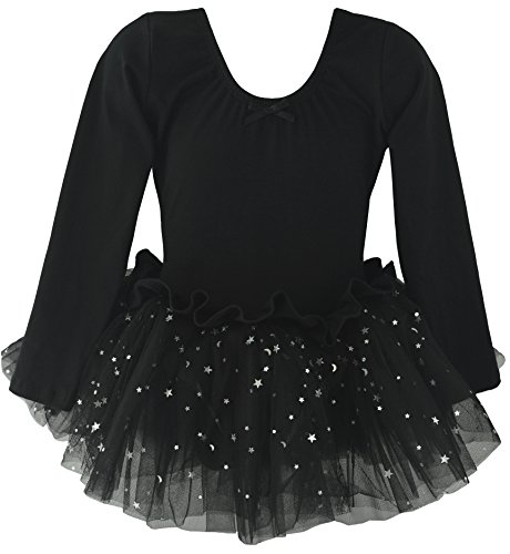 Dancina - Vestido Tutú Maillot de Ballet y Danza Clásico con Purpurina de Manga Larga para Niñas Negro 8-9 años Dancina - Vestido Tutú Maillot de Ballet y Danza Clásico con Purpurina de Manga Larga para Niñas Negro 8-9 años
