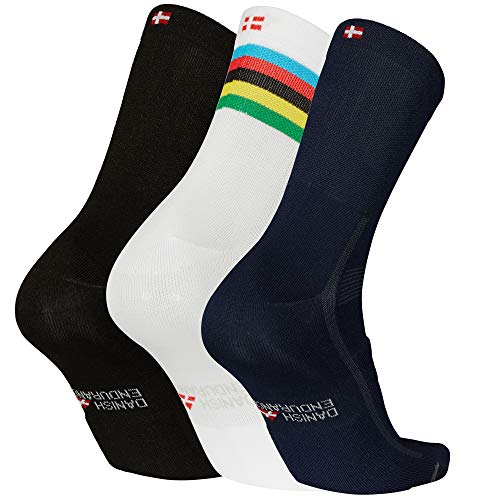 DANISH ENDURANCE Calcetines de Ciclismo para Hombres y Mujeres, Paquete de 3 Calcetines de Bicicleta Transpirables hasta el Tobillo (1 x Rayas, 1 x Negro, 1 x Azul), EU 43-47 DANISH ENDURANCE Calcetines de Ciclismo para Hombres y Mujeres, Paquete de 3 Calcetines de Bicicleta Transpirables hasta el Tobillo (1 x Rayas, 1 x Negro, 1 x Azul), EU 43-47