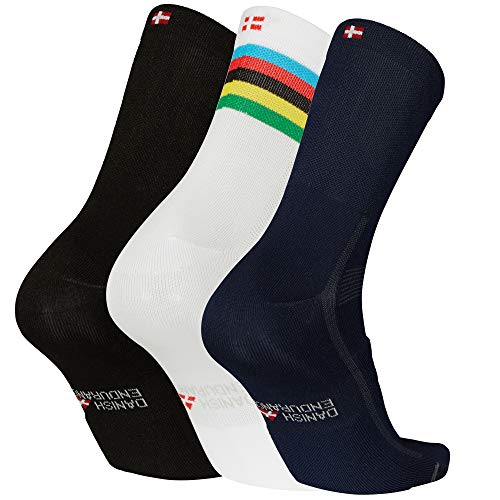 DANISH ENDURANCE Calcetines de Ciclismo para Hombres y Mujeres, Paquete de 3 Calcetines de Bicicleta Transpirables hasta el Tobillo (1 x Rayas, 1 x Negro, 1 x Azul), EU 43-47