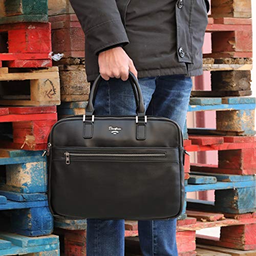 David Jones - Bolso de Mano Business Grande Hombre - Maletín Trabajo Ordenador Portátiles 15,6 Pulgadas - Portadocumentos Bandolera Cuero Genuino - Mensajero PU Piel Negocios Oficina Escuela - Negro