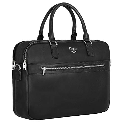 David Jones - Bolso de Mano Business Grande Hombre - Maletín Trabajo Ordenador Portátiles 15,6 Pulgadas - Portadocumentos Bandolera Cuero Genuino - Mensajero PU Piel Negocios Oficina Escuela - Negro