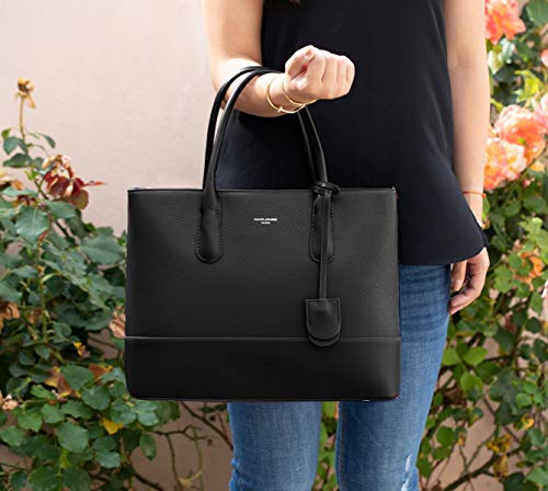 David Jones - Bolso de Mano Grande Mujer - Shopper Tote Bag Señora Trabajo Negocios Cuero Genuino PU - Bolsos Hombro Bandolera Piel Múltiples Bolsillos - Maletín Satchel Oficina Elegante - Negro