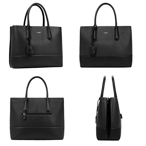 David Jones - Bolso de Mano Grande Mujer - Shopper Tote Bag Señora Trabajo Negocios Cuero Genuino PU - Bolsos Hombro Bandolera Piel Múltiples Bolsillos - Maletín Satchel Oficina Elegante - Negro