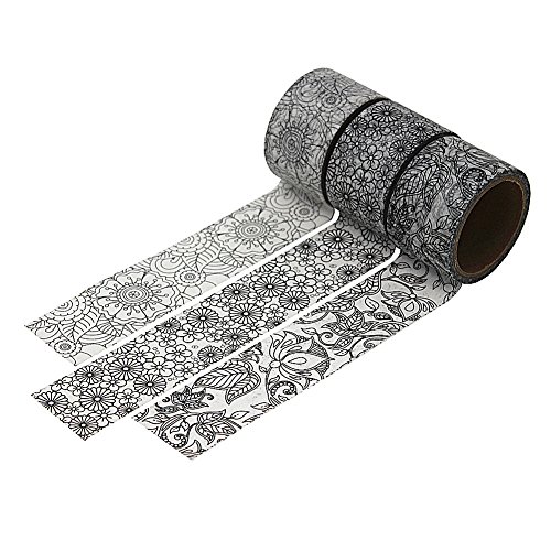 Dawnzen® Cinta de Papel Washi Cinta Adhesiva Decorativa para Decoración DIY Scrapbooking Craft Embalaje de Regalo, 3 Rolls 30mm x 5m, Gris Patrón Flores Planta