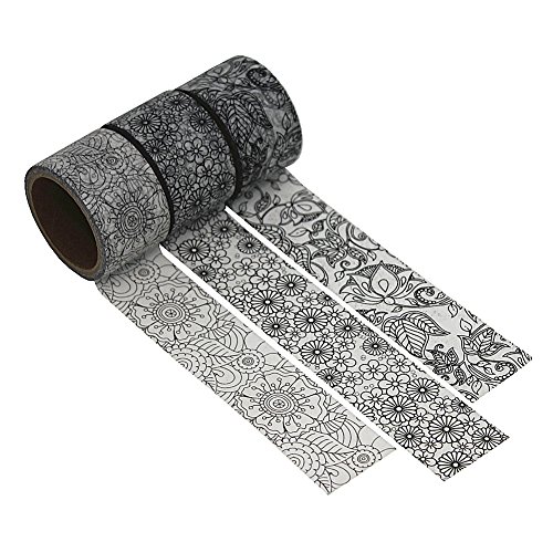 Dawnzen® Cinta de Papel Washi Cinta Adhesiva Decorativa para Decoración DIY Scrapbooking Craft Embalaje de Regalo, 3 Rolls 30mm x 5m, Gris Patrón Flores Planta