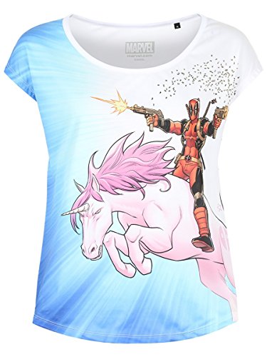 Deadpool Camiseta de Mujer Unicorn Ride Loose Fit Marvel Blanco Azul - L