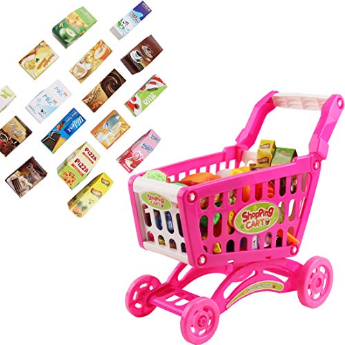 deAO Carrito de la Compra Infantil Incluye Variedad de 50 Productos de Mercado y Comestibles para Niños y Niñas (Rosa)
